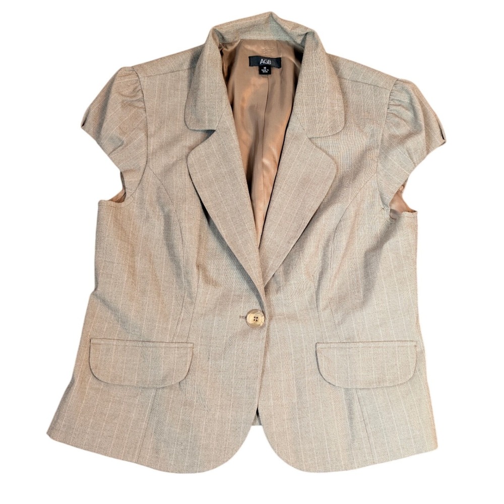 AGB Women Tan Pinstripe Short Sleeve Blazer Jacket Size 14 Puff Cap Sleeve
